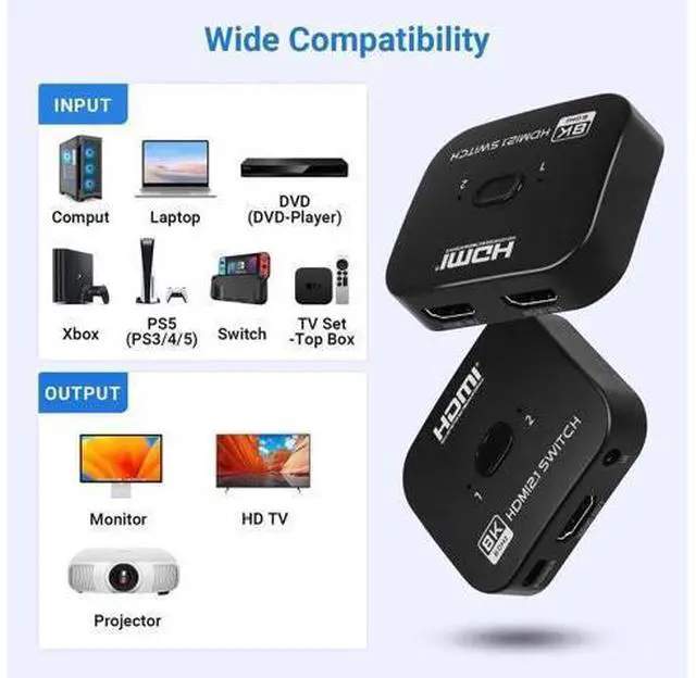 Alt view image 5 of 6 - 8K HDMI Switch Splitter 2 in 1 Out, Bi-Directional Switcher Support 48Gbps 4K@120Hz 8K@60Hz 4K@144Hz for PS5/PS4,HDTV,Xbox,Fire Stick