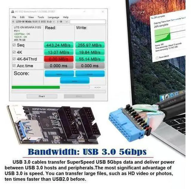 Alt view image 5 of 6 - USB 3.0 19/20Pin 1 to 2 USB 3.0 19/20Pin HUB Port Multiplier PCBA Adapter with SATA Power Cable