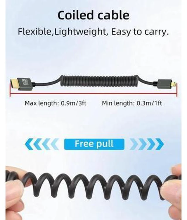 Alt view image 2 of 6 - 8K Micro HDMI to HDMI Cable 2.2FT, Short Hdmi to Micro HDMI Cable, Coiled Hdmi 2.1 Cable 8K@60Hz 48Gbps for Camera/Camcorder/HDTV/Tablet