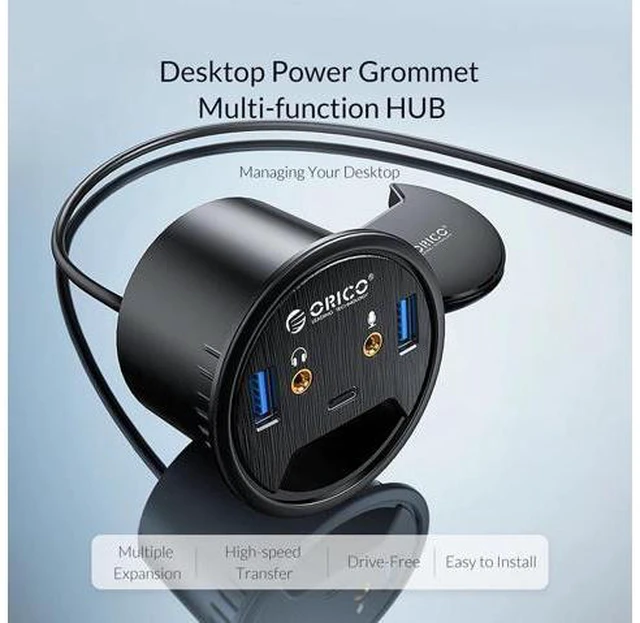 Alt view image 3 of 5 - Desktop Grommet USB 3.0 HUB Type-C Audio Desk Mount Adapter Splitter Computer peripherals