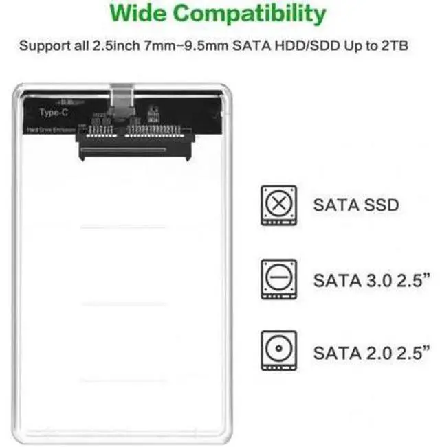 Alt view image 2 of 5 - USB-C Type-C to 2.5 Inch SATA SSD HDD External Enclosure Transparent for Laptop & PC