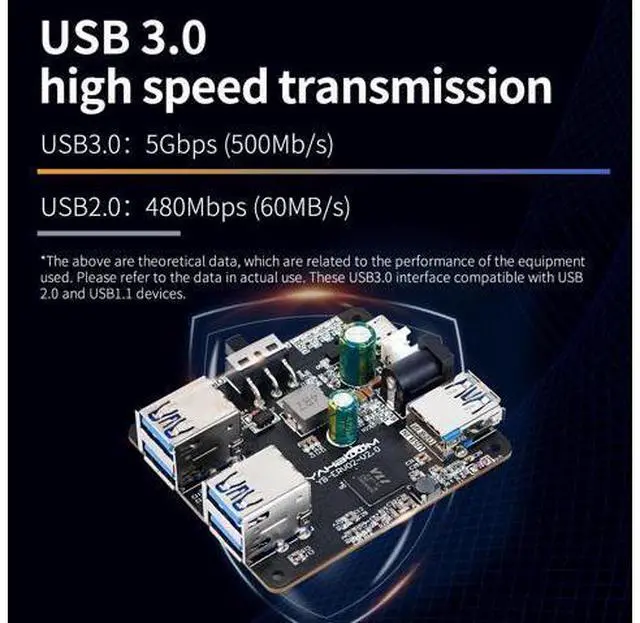 Alt view image 3 of 5 - 4 Port USB 3.0 Hub for Raspberry Pi Jetson Nano ROS Robot, Compatible with USB 3.0/2.0/1.1 Driver-Free Plug&Play, Onboard External USB-A,5V (micro-USB),9~24V Power Port, for High-power Device