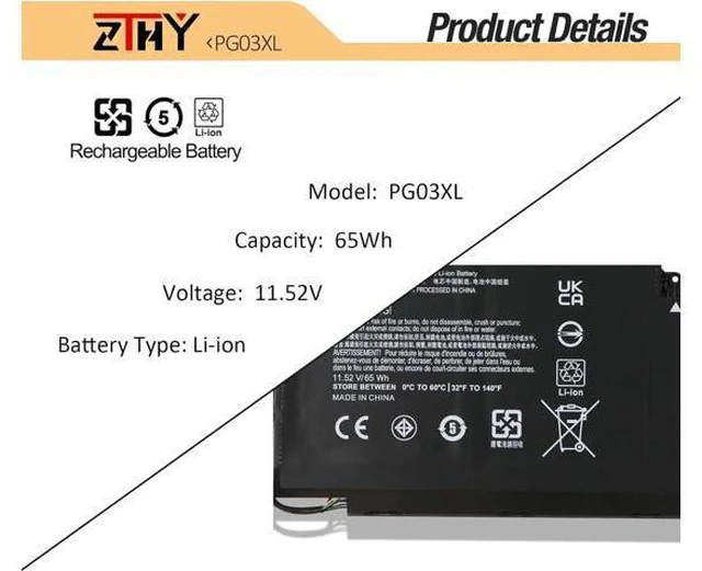 Alt view image 3 of 7 - ZTHY 65Wh PG03XL Laptop Battery for HP Spectre X360 15-AP0000 15T-AP000 Series 15-AP011DX 15-AP001NF 15-AP002NG 831758-005 831532-421 831532-422 L48430-2C1 PG03064XL 11.55V 3Cell