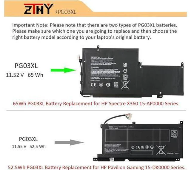 Alt view image 4 of 7 - ZTHY 65Wh PG03XL Laptop Battery for HP Spectre X360 15-AP0000 15T-AP000 Series 15-AP011DX 15-AP001NF 15-AP002NG 831758-005 831532-421 831532-422 L48430-2C1 PG03064XL 11.55V 3Cell