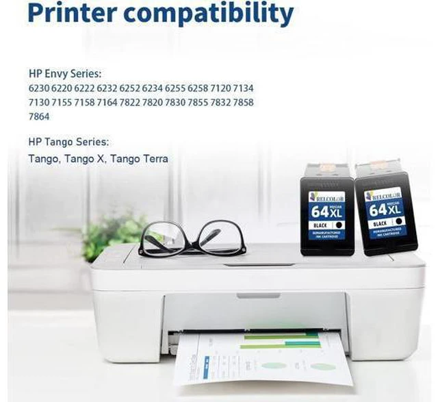 Alt view image 2 of 6 - Relcolor 3X Capacity 64XL Black Ink Cartridge Replacement Ink 64 XL HP64XL HP64 for Envy 7855 7155 7858 7800 7100 6255 6252 6232 7120 7158 7164 7955e 7900e Tango Ink Printer (2 Black)