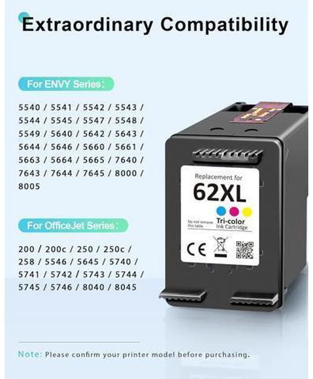 Alt view image 2 of 7 - 62XL Ink Cartridge Black and Color Combo Pack High Yield Replacement 62 Ink 62XL for Envy 7640 7645 5660 5642 5540 for OfficeJet 8040 5746 5745 5740 5740 258 250 200 Printer (1 Black,1 Color)