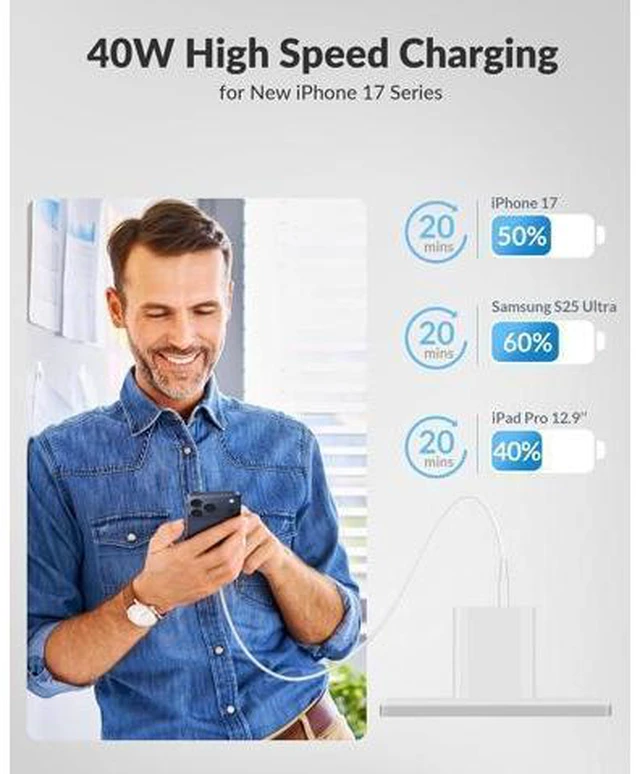 Alt view image 2 of 7 - iPhone 17 16 Pro Max Charger Fast Charging 2Pack 40W Dual Port USB C Fast Wall Charger Block with 6FT Type-C Cable Cord for iPhone 17/17 Pro/17 Pro Max/Air/16/16 Pro Max/15/15 Pro/Plus iPad AirPods