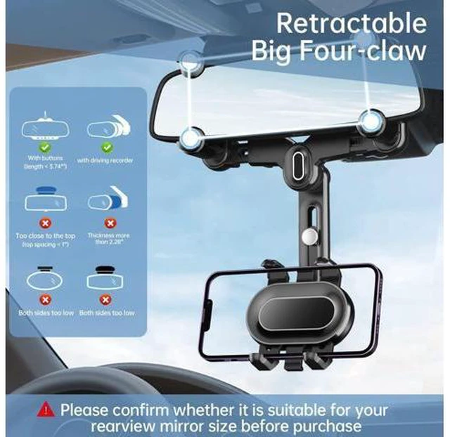 Alt view image 2 of 7 - SOEWIOU Rearview Mirror Phone Holder for Car,360°Rotatable and Retractable Multifunctional Rear View Mirror Phone Holder,Four Corners Fixed Anti-Shake Design,for All Mobile Phones and All Car