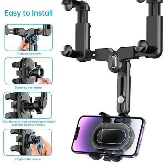 Alt view image 6 of 7 - SOEWIOU Rearview Mirror Phone Holder for Car,360°Rotatable and Retractable Multifunctional Rear View Mirror Phone Holder,Four Corners Fixed Anti-Shake Design,for All Mobile Phones and All Car