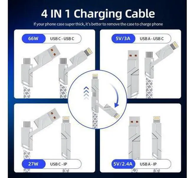 Alt view image 2 of 7 - 4 in 1 Charging Cable 5FT -MAX 66W Fast Charging Multi Charging Cable for All Devices USB A/C to C/Lightning Cable Multiple iPhone Charger Cord for iPhone 16/15/14/13/iPad/Android/Tablets and More