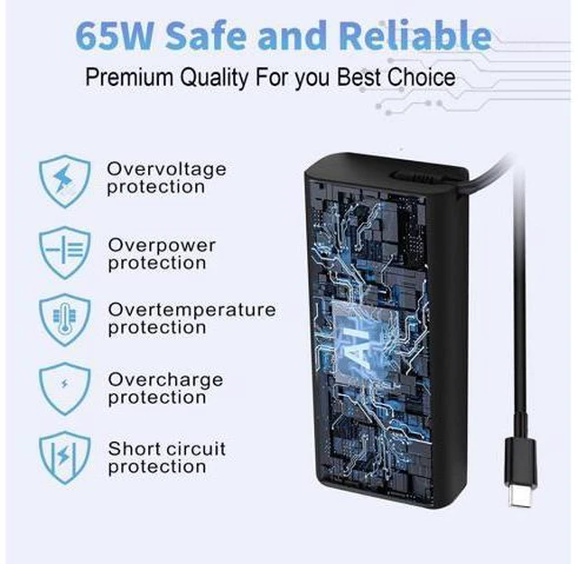 Alt view image 2 of 7 - New 65W USB C Laptop Charger for Laptop Charger USB C Charger for Latitude 3340 3440 3540 5420 5430 5440 5520 7430 7420 7440 XPS 13 9360 Chromebook 3100 Type C AC Power Adapter Cord