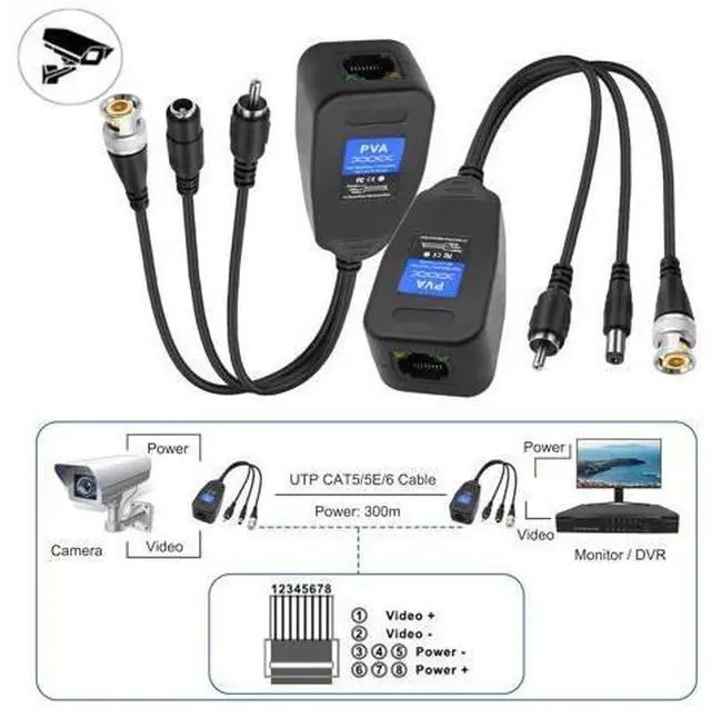 Alt view image 3 of 7 - Passive Video Balun 2 Pairs Passive Video Power Balun Audio Connector 960P/1080P BNC to RJ45 Network Transceiver Cat5/Cat6 Adapter with DC Male Female RCA Male Audio for CCTV Security System