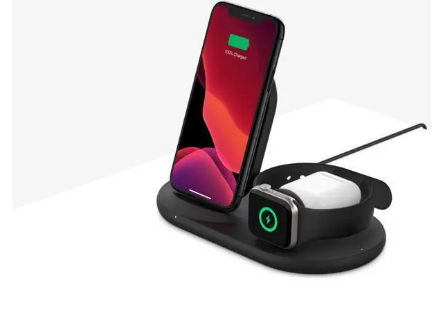 Alt view image 6 of 7 - belkin 3-in-1 wireless charger (wireless charging station for iphone, apple watch, airpods) wireless charging dock, iphone charging dock, apple watch charging stand