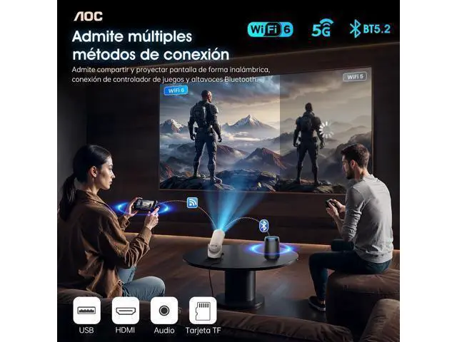 Alt view image 3 of 7 - AOC Mini Projector with WiFi and Bluetooth, Smart Projector Full HD 4K Support with 180° Rotation Adjustment, 220 ANSI,8000 Lumens,Vertical Auto Keystone Correction, Short Throw Projector for Phone