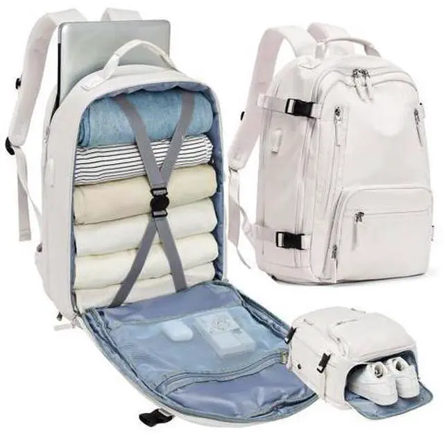 Main image of Travel Backpack for Women Men, Waterproof Carry on Backpack for Flight Approved Personal Item Bag, Business Laptop Backpack with USB Charging for Hiking Gym with Shoe Compartment Casual Daypack White