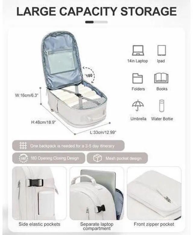 Alt view image 2 of 5 - Travel Backpack for Women Men, Waterproof Carry on Backpack for Flight Approved Personal Item Bag, Business Laptop Backpack with USB Charging for Hiking Gym with Shoe Compartment Casual Daypack White