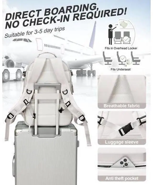 Alt view image 5 of 5 - Travel Backpack for Women Men, Waterproof Carry on Backpack for Flight Approved Personal Item Bag, Business Laptop Backpack with USB Charging for Hiking Gym with Shoe Compartment Casual Daypack White