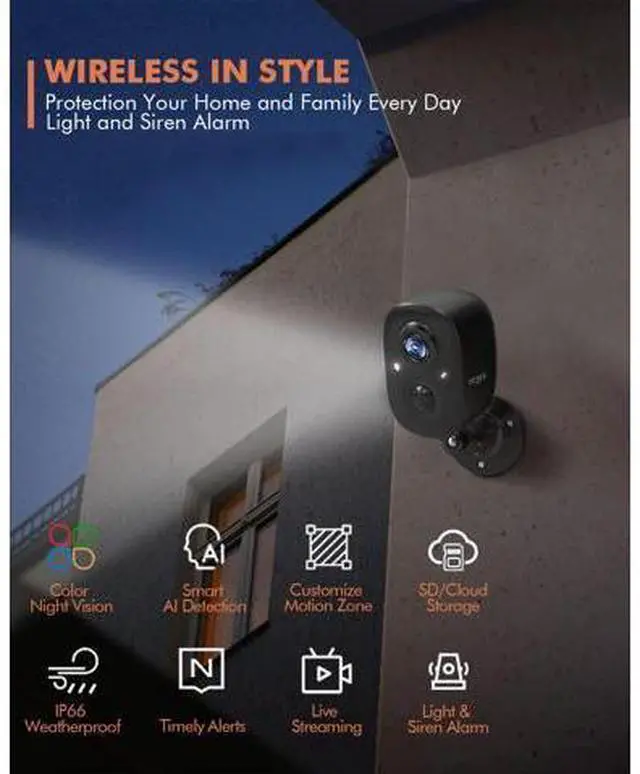 Alt view image 2 of 5 - Dzees Security Camera Outdoor Wireless - Upgrade 2K 3MP Battery Powered WiFi Outdoor Camera Wireless, Spotlight, Siren, AI Dectection, Color Night Vision, IP66 Waterproof Cloud/SD-Black