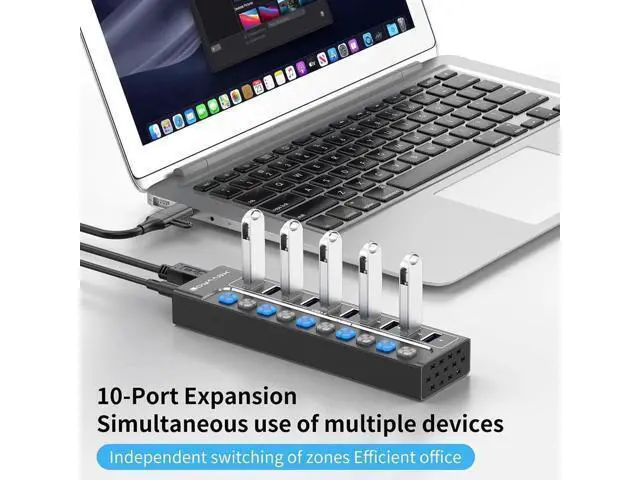 Alt view image 2 of 7 - AUTYUE Powered USB Hub 3.0, 10-Port USB 3.0 Hub Splitter with Individual Switches and Indicator Lights, 10 USB 3.0 Data Transfer Ports, (included 4 Charging Ports) + 12V 3A Power Adapter