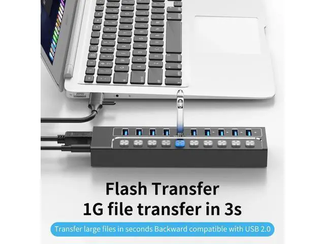 Alt view image 3 of 7 - AUTYUE Powered USB Hub 3.0, 10-Port USB 3.0 Hub Splitter with Individual Switches and Indicator Lights, 10 USB 3.0 Data Transfer Ports, (included 4 Charging Ports) + 12V 3A Power Adapter