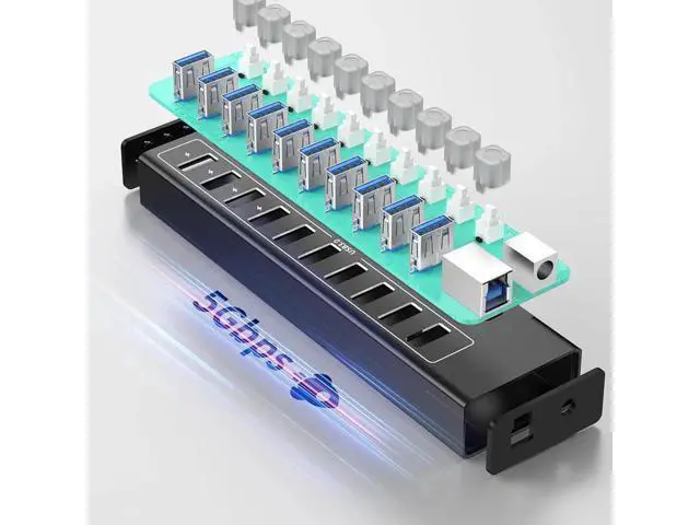 Alt view image 5 of 7 - AUTYUE Powered USB Hub 3.0, 10-Port USB 3.0 Hub Splitter with Individual Switches and Indicator Lights, 10 USB 3.0 Data Transfer Ports, (included 4 Charging Ports) + 12V 3A Power Adapter