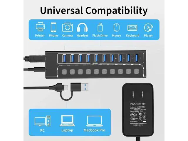 Alt view image 6 of 7 - AUTYUE Powered USB Hub 3.0, 10-Port USB 3.0 Hub Splitter with Individual Switches and Indicator Lights, 10 USB 3.0 Data Transfer Ports, (included 4 Charging Ports) + 12V 3A Power Adapter