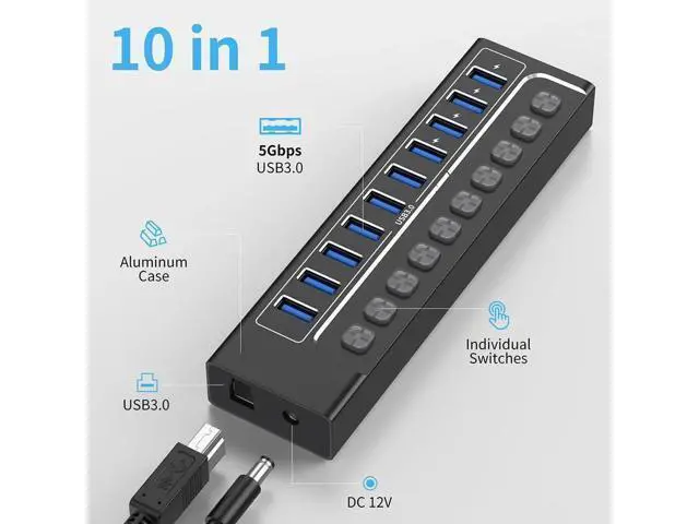 Alt view image 7 of 7 - AUTYUE Powered USB Hub 3.0, 10-Port USB 3.0 Hub Splitter with Individual Switches and Indicator Lights, 10 USB 3.0 Data Transfer Ports, (included 4 Charging Ports) + 12V 3A Power Adapter