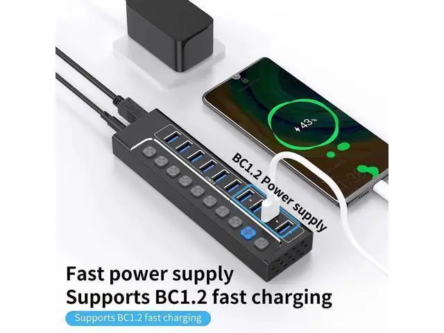 Alt view image 4 of 7 - AUTYUE Powered USB Hub 3.0, 10-Port USB 3.0 Hub Splitter with Individual Switches and Indicator Lights, 10 USB 3.0 Data Transfer Ports, (included 4 Charging Ports) + 12V 3A Power Adapter
