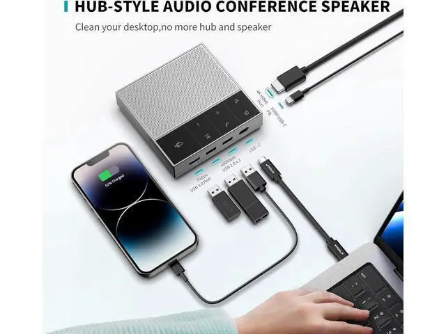 Alt view image 2 of 7 - HiDock Conference Speaker and Microphone with Mute/Project, Enhanced Voice Pickup & Full Duplex Noise Cancelling Speakerphone, Omnidirectional USB C Speaker for Home Office Meeting-Grey