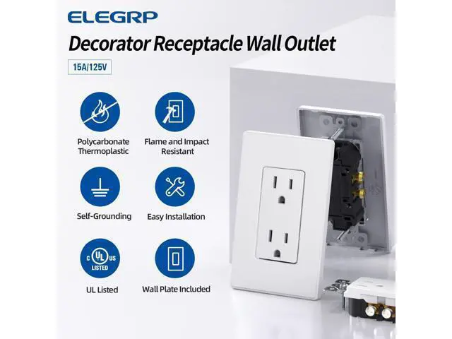 Alt view image 3 of 7 - ELEGRP Matte White Standard Decorator Electrical Wall Receptacle Outlet, 15A 125V, 2 Pole 3 Wire, Non-Tamper Resistant, NEMA 5-15R, Self-Grounding, Wall Plate Included, UL Listed, 20 Pack