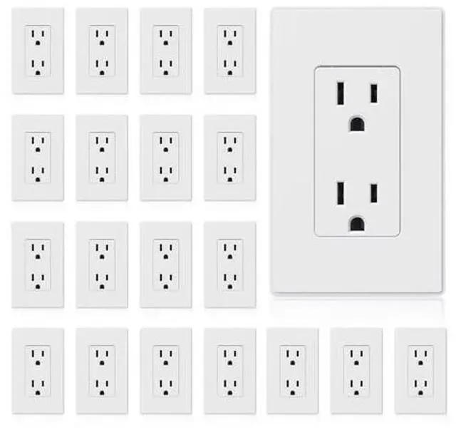 Main image of ELEGRP Matte White Standard Decorator Electrical Wall Receptacle Outlet, 15A 125V, 2 Pole 3 Wire, Non-Tamper Resistant, NEMA 5-15R, Self-Grounding, Wall Plate Included, UL Listed, 20 Pack