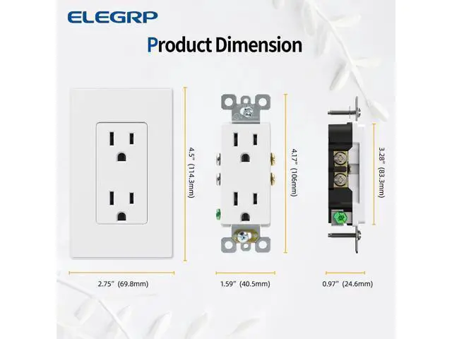 Alt view image 6 of 7 - ELEGRP Matte White Standard Decorator Electrical Wall Receptacle Outlet, 15A 125V, 2 Pole 3 Wire, Non-Tamper Resistant, NEMA 5-15R, Self-Grounding, Wall Plate Included, UL Listed, 20 Pack