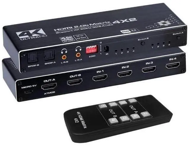 Main image of HDMI Matrix 4x2, 4K@60Hz HDMI Matrix Switch 4 in 2 Out with EDID Extractor and IR Remote Control, Support HDMI 2.0b, HDCP2.2, HDR10, Ultra HD, 3D