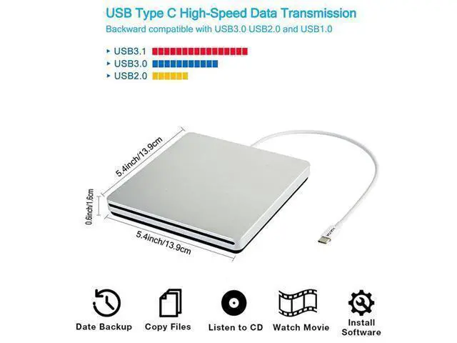 Alt view image 2 of 6 - Tpye-C Usb-C Superdrive External Dvd/Cd Reader And Dvd/Cd Burner For Apple--Macbook Air/Pro/Imac/Mini/Macbook Pro/Asus /Asus/Dell Latitude With Usb-C Port Plug And Play(Silvers)