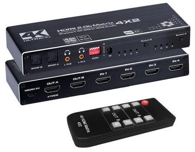 Main image of HDMI Matrix 4x2, 4K@60Hz HDMI Matrix Switch 4 in 2 Out with EDID Extractor and IR Remote Control, Support HDMI 2.0b, HDCP2.2, HDR10, Ultra HD, 3D