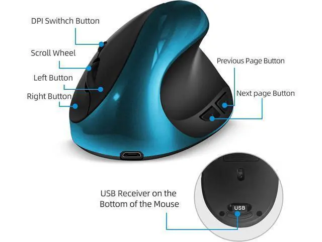 Alt view image 4 of 6 - Ergonomic Mouse Rechargeable Wireless Mouse Vertical Mice with USB Receiver Small Mouse with 6 Buttons 800/1200/1600 DPI Computer Mouse for Laptop PC(Blue)