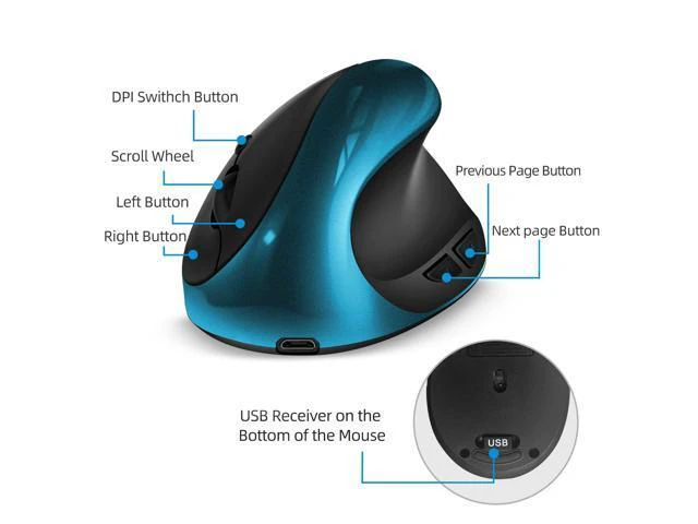Alt view image 4 of 5 - Woddlffy Ergonomic Mouse,Rechargeable Wireless Mouse Vertical Mice with USB Receiver Small Mouse with 6 Buttons 1000/1200/1600 Computer Mouse for Laptop PC(Blue)