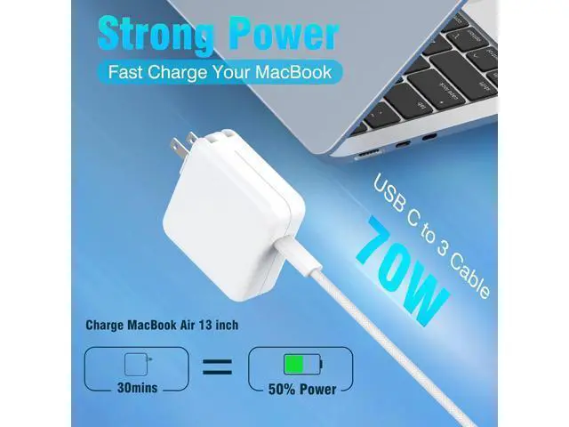 Alt view image 2 of 7 - Charger for MacBook Air 13 15 inch MacBook Pro 14 inch 2025 2024 2023 2022 2021 M4 M3 M2 M1 70W USB C Power Adapter 6.6FT USB C to 3 Braided Cable with LED Powerful Connect Original Quality