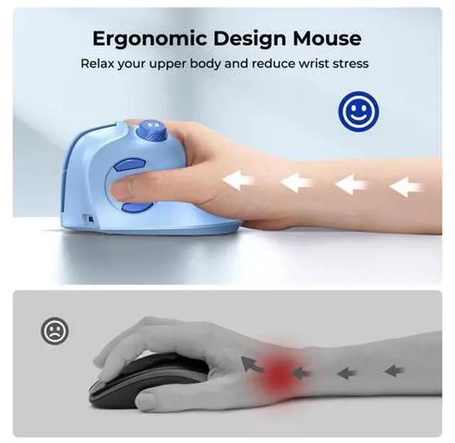 Alt view image 2 of 5 - seenda Ergonomic Mouse Wireless, MOU-302 Bluetooth Vertical Mouse Rechargeable, Ergo Optical Mice with 1000/1600/2400 DPI, Volume Knob, 3 Multi-Device Connectivity for Computer/PC/Laptop/Mac, Blue