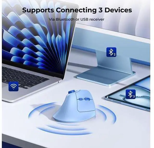 Alt view image 3 of 5 - seenda Ergonomic Mouse Wireless, MOU-302 Bluetooth Vertical Mouse Rechargeable, Ergo Optical Mice with 1000/1600/2400 DPI, Volume Knob, 3 Multi-Device Connectivity for Computer/PC/Laptop/Mac, Blue
