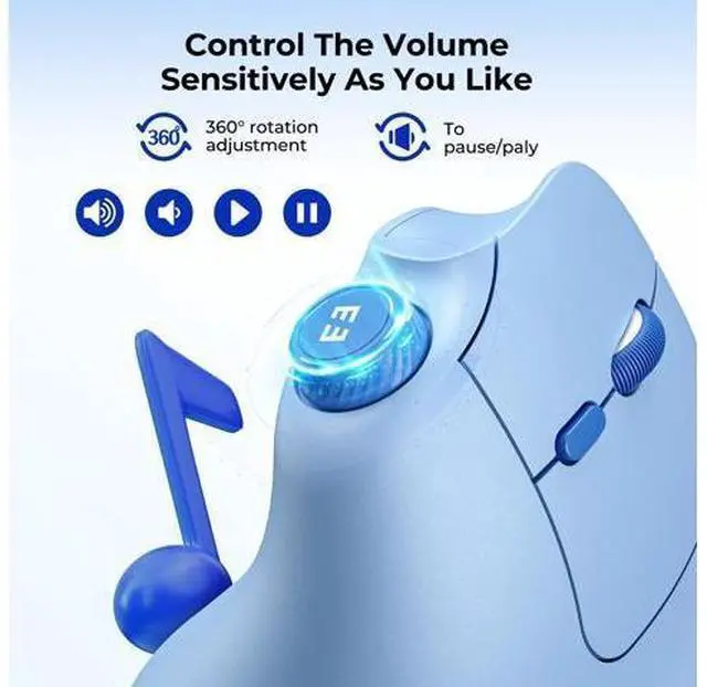 Alt view image 4 of 5 - seenda Ergonomic Mouse Wireless, MOU-302 Bluetooth Vertical Mouse Rechargeable, Ergo Optical Mice with 1000/1600/2400 DPI, Volume Knob, 3 Multi-Device Connectivity for Computer/PC/Laptop/Mac, Blue