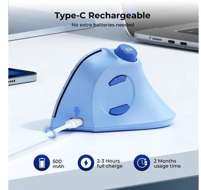 Alt view image 5 of 5 - seenda Ergonomic Mouse Wireless, MOU-302 Bluetooth Vertical Mouse Rechargeable, Ergo Optical Mice with 1000/1600/2400 DPI, Volume Knob, 3 Multi-Device Connectivity for Computer/PC/Laptop/Mac, Blue