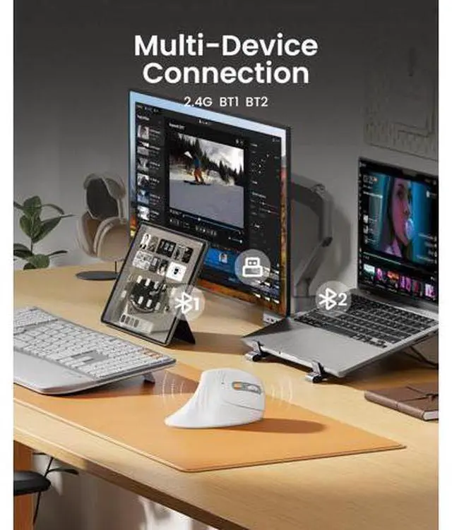 Alt view image 3 of 5 - ProtoArc Ergonomic Vertical Mouse, EM11 NL Rechargeable Wireless Mouse Bluetooth, Ergo Mice with 3 Multi-Device for PC/Notebook/Laptop, 2.4GHz Optical Mice for Windows, Mac OS, White