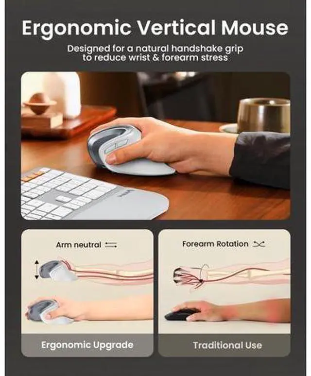 Alt view image 5 of 5 - ProtoArc Ergonomic Vertical Mouse, EM11 NL Rechargeable Wireless Mouse Bluetooth, Ergo Mice with 3 Multi-Device for PC/Notebook/Laptop, 2.4GHz Optical Mice for Windows, Mac OS, White