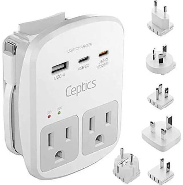 Main image of 35W Universal Travel Adapter Kit 2 USA sockets USB-A USBC 1x PD 35W USB-C and USBC Cable Surge Protected Plugs for EU UK China AU Japan - for Laptop Phone Camera-ETL Tested