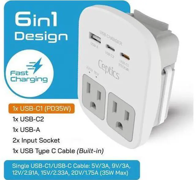 Alt view image 2 of 7 - 35W Universal Travel Adapter Kit 2 USA sockets USB-A USBC 1x PD 35W USB-C and USBC Cable Surge Protected Plugs for EU UK China AU Japan - for Laptop Phone Camera-ETL Tested