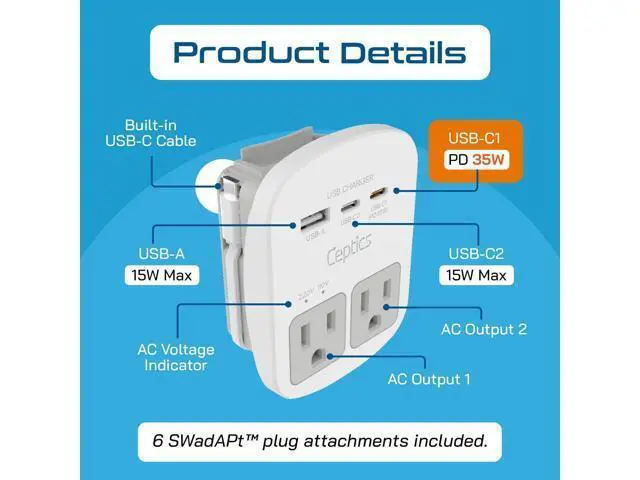 Alt view image 3 of 7 - 35W Universal Travel Adapter Kit 2 USA sockets USB-A USBC 1x PD 35W USB-C and USBC Cable Surge Protected Plugs for EU UK China AU Japan - for Laptop Phone Camera-ETL Tested
