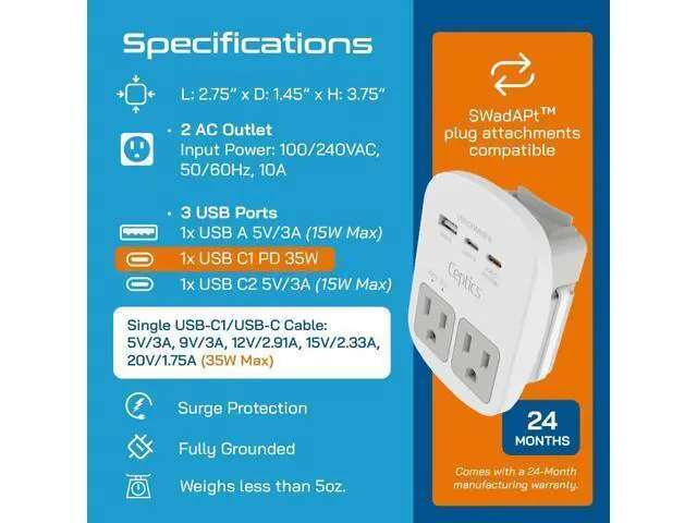 Alt view image 4 of 7 - 35W Universal Travel Adapter Kit 2 USA sockets USB-A USBC 1x PD 35W USB-C and USBC Cable Surge Protected Plugs for EU UK China AU Japan - for Laptop Phone Camera-ETL Tested