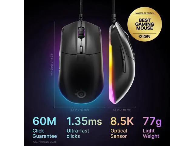 Alt view image 2 of 7 - Rival 3 Gen 2 Gaming Mouse 8500 DPI TrueMove Core Optical Sensor 60 Million Click Durability Low Latency 77g Lightweight 100% PTFE Feet RGB Black