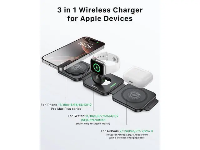 Alt view image 3 of 7 - 3 in 1 Charging Station for Foldable Travel Wireless Charger for iPhone 17 16 15 14 13 12 Pro Max Plus Magnetic Wireless Charging Pad for AirPods Wireless Charger for iWatch Series